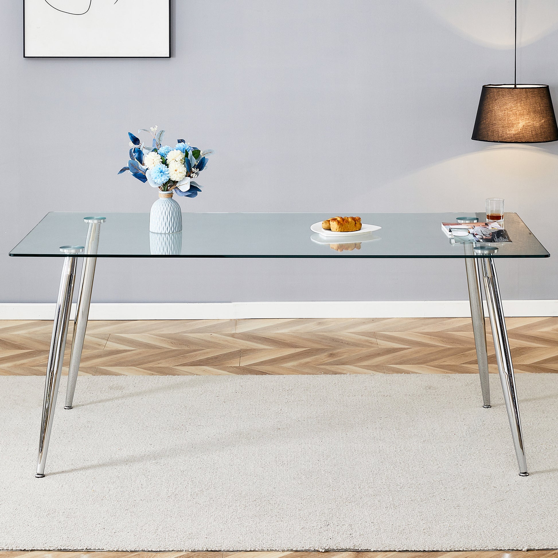 Modern Rectangular Glass Dining Table, Suitable For 4 6 People, With Tempered Glass Countertop And Silver Metal Table Legs, Writing Desk, Suitable For Kitchen, Dining Room And Living Room Transparent Glass