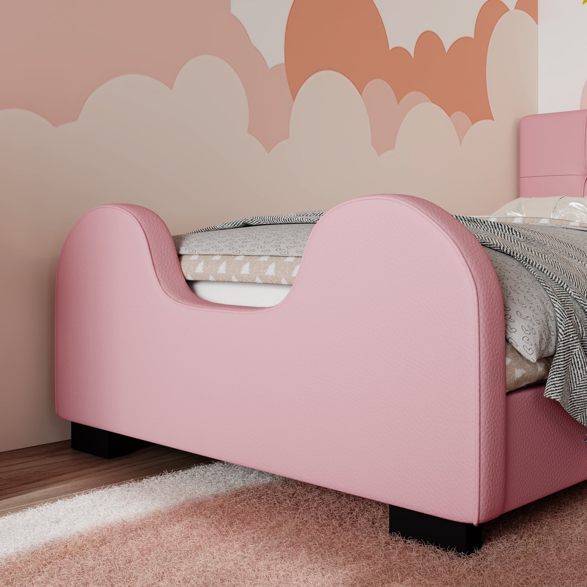 Twin Size Upholstered Platform Bed With Guardrail, Pink Box Spring Not Required Twin Pink Wood Faux Leather Upholstered