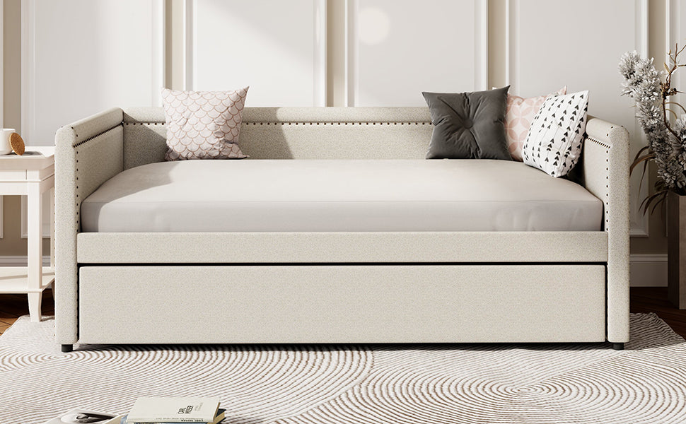 Modern Style Twin Size Upholstered Daybed With Trundle For Guest Room, Small Bedroom, Study Room, Beige Box Spring Not Required Twin Beige Wood Bedroom Traditional Daybeds Linen Upholstered