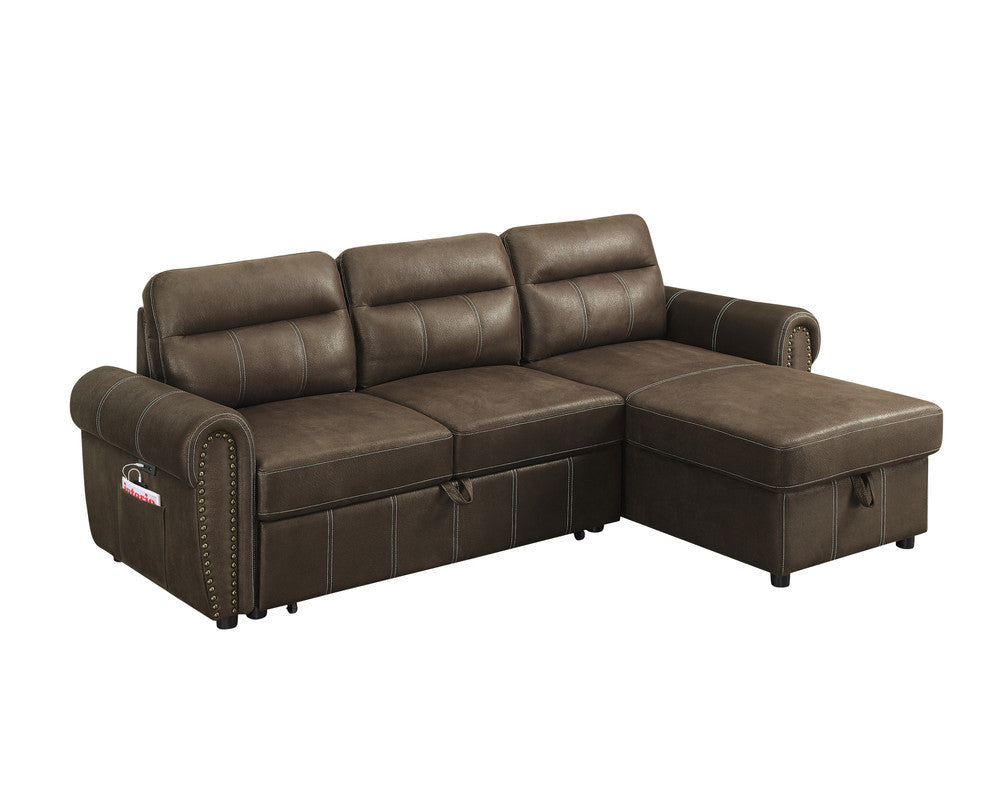 Hugo 96" Brown Reversible Sleeper Sectional Sofa Chaise With Usb Charger Brown Microfiber