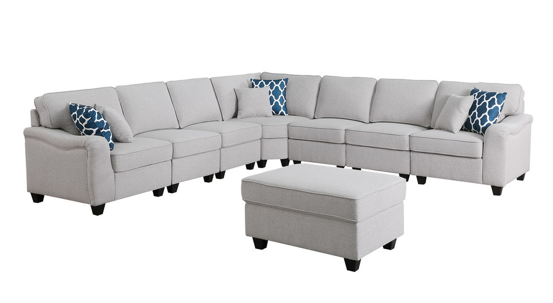 Leo 125" Light Gray Linen 8Pc Modular L Shape Sectional Sofa And Ottoman Light Gray Linen