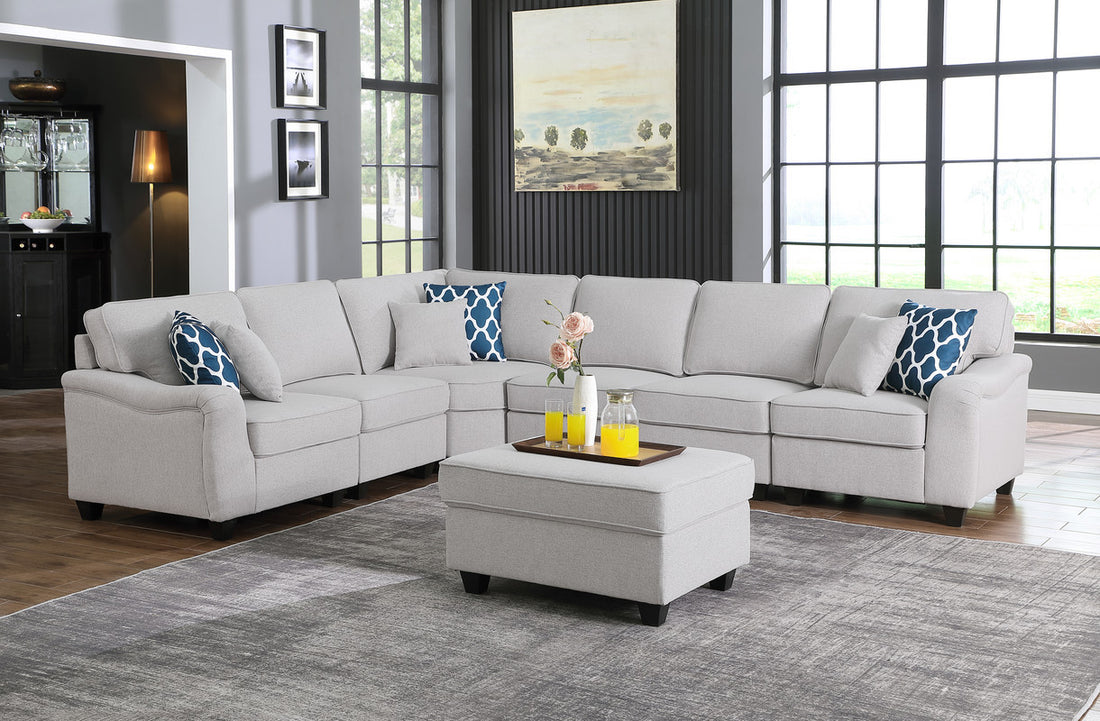 Leo 125" Light Gray Linen 7Pc Modular L Shape Sectional Sofa And Ottoman Light Gray Linen