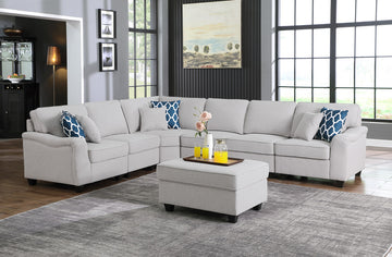 Leo 125" Light Gray Linen 7Pc Modular L Shape Sectional Sofa And Ottoman Light Gray Linen