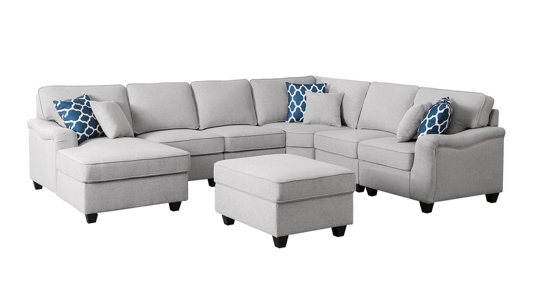 Leo 125" Light Gray Linen 7Pc Modular L Shape Sectional Sofa Chaise And Ottoman Light Gray Linen