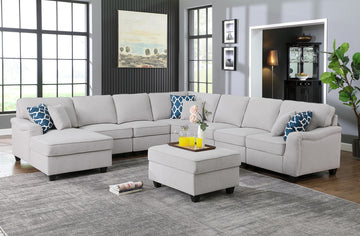 Leo 125" Light Gray Linen 8Pc Modular L Shape Sectional Sofa Chaise And Ottoman Light Gray Linen