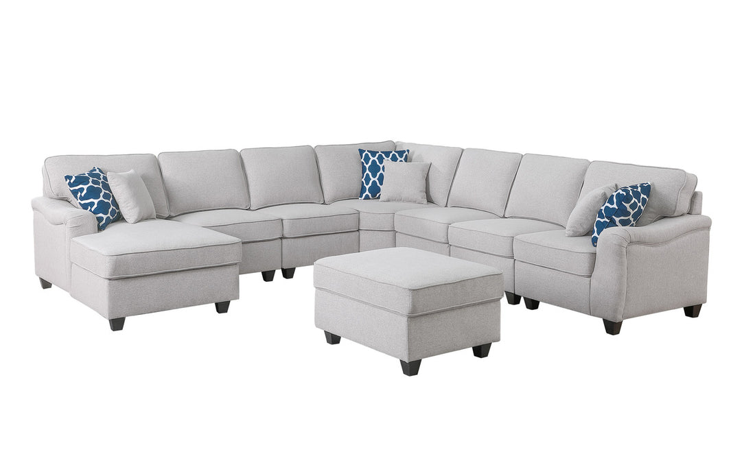 Leo 125" Light Gray Linen 8Pc Modular L Shape Sectional Sofa Chaise And Ottoman Light Gray Linen