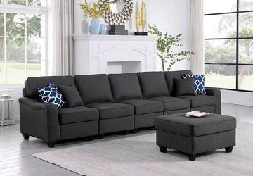 Leo 145" Dark Gray Linen 6 Seater Sofa And Ottoman Dark Gray Linen