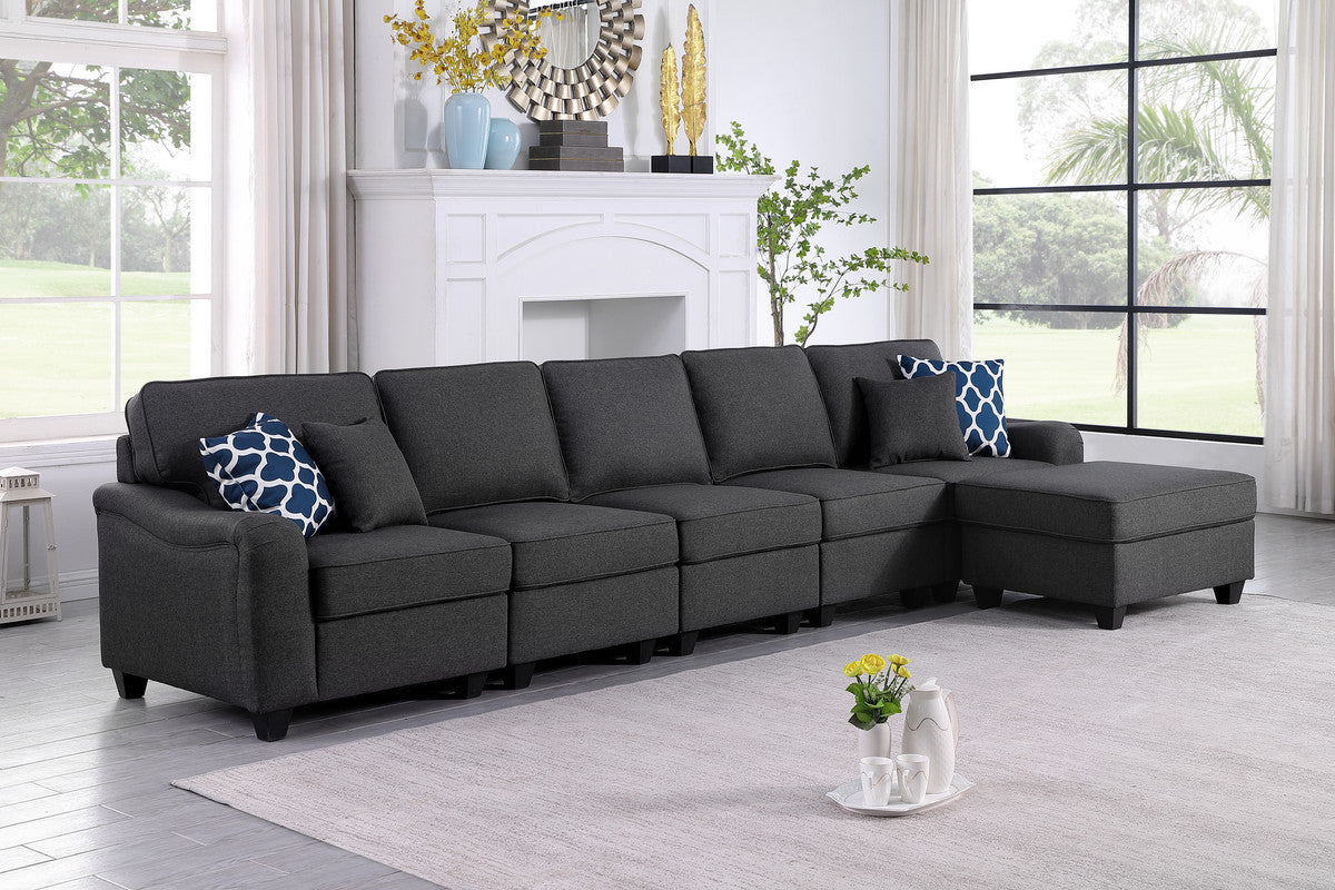 Leo 145" Dark Gray Linen 6 Seater Sofa And Ottoman Dark Gray Linen