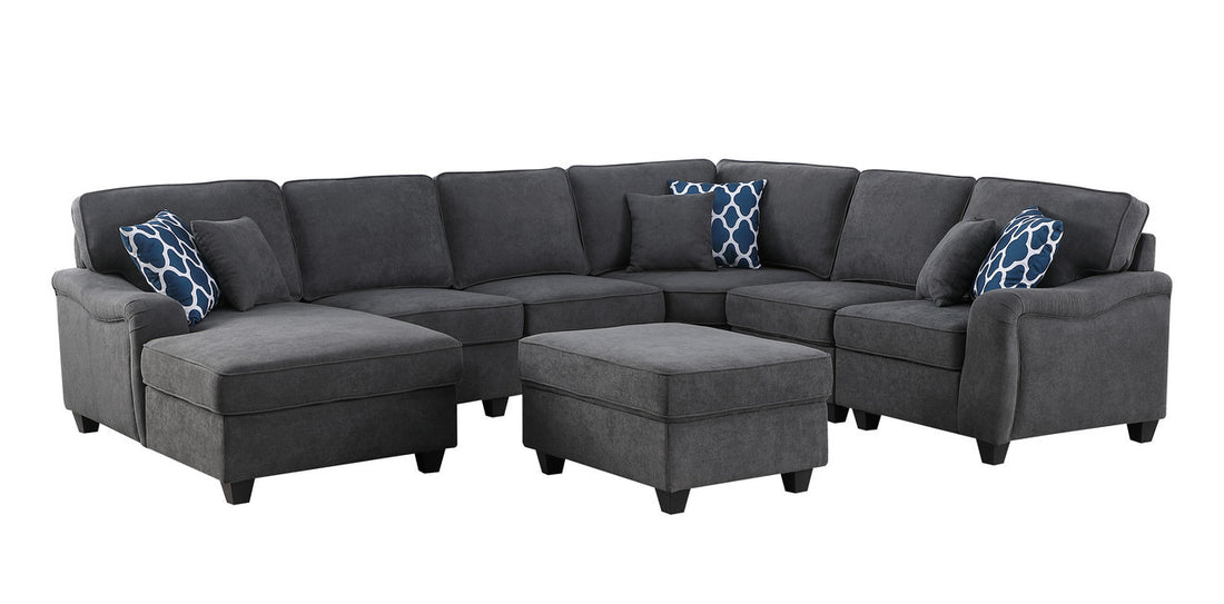 Leo 125" Dark Gray Woven 7Pc Modular L Shape Sectional Sofa Chaise And Ottoman Dark Gray Fabric