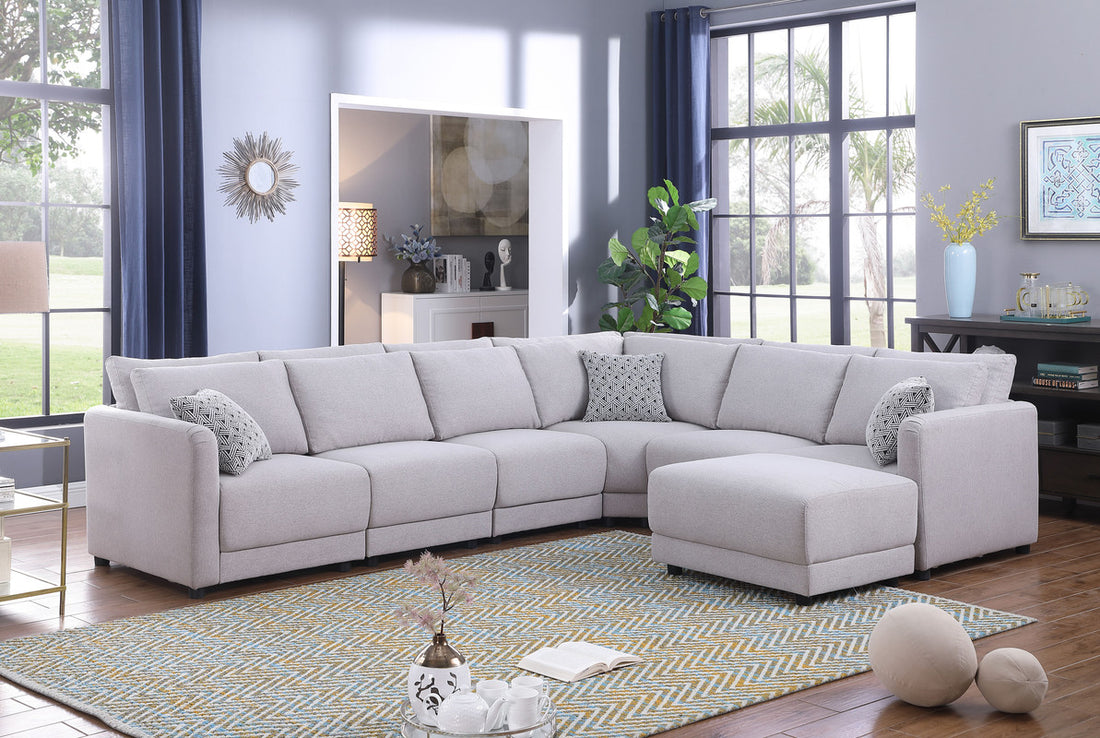 Penelope 120" Light Gray Linen Fabric Reversible 7Pc Modular Sectional Sofa With Ottoman And Pillows Light Gray Linen