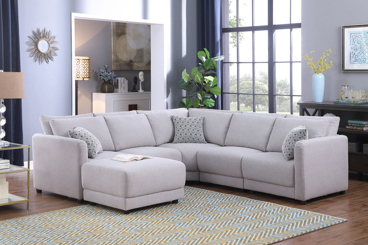 Penelope 94.5" Light Gray Linen Fabric Reversible L Shape Sectional Sofa With Ottoman And Pillows Light Gray Linen