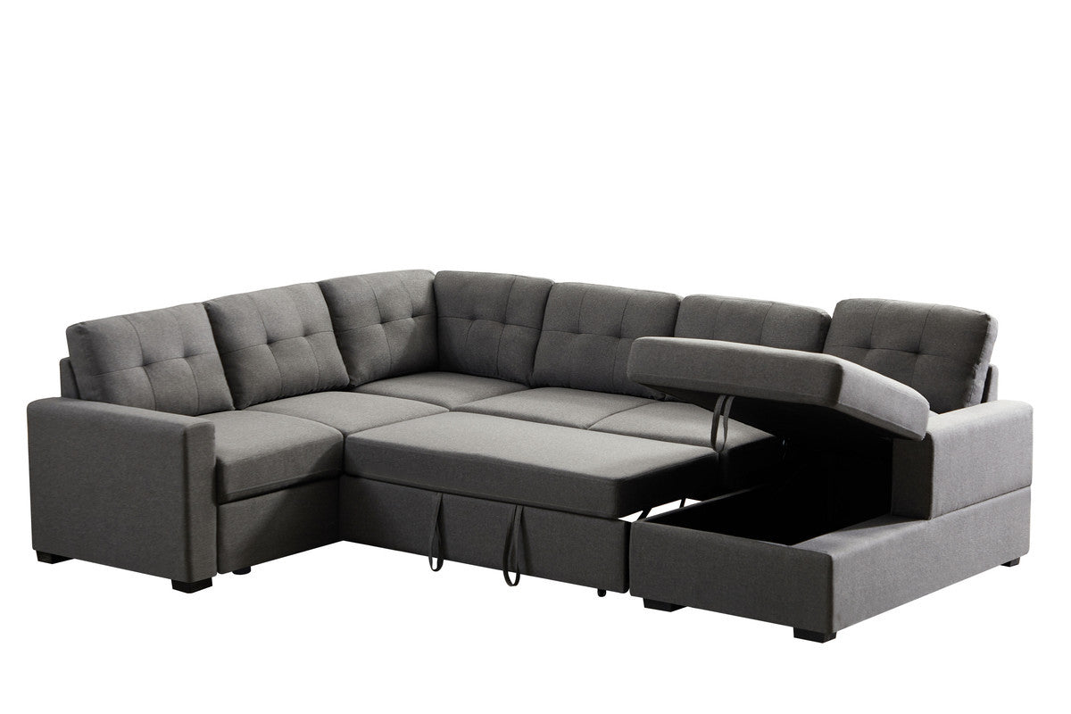 Selene 115.5" Dark Gray Linen Fabric Sleeper Sectional Sofa With Storage Chaise Dark Gray Linen