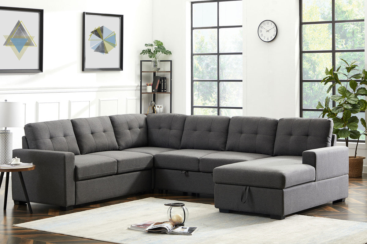 Selene 115.5" Dark Gray Linen Fabric Sleeper Sectional Sofa With Storage Chaise Dark Gray Linen