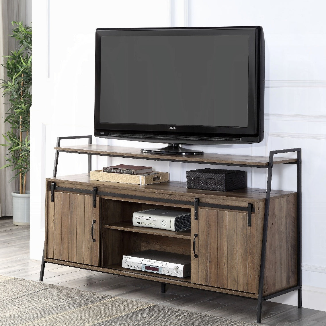 Rustic Oak And Black Tv Stand With Sliding Barn Door Oak Primary Living Space 50 59 Inches 50 59 Inches Paper Composite