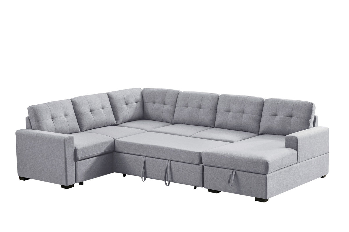 Selene 115.5" Light Gray Linen Fabric Sleeper Sectional Sofa With Storage Chaise Light Gray Linen