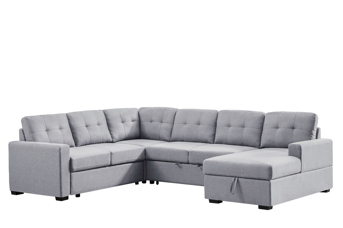 Selene 115.5" Light Gray Linen Fabric Sleeper Sectional Sofa With Storage Chaise Light Gray Linen