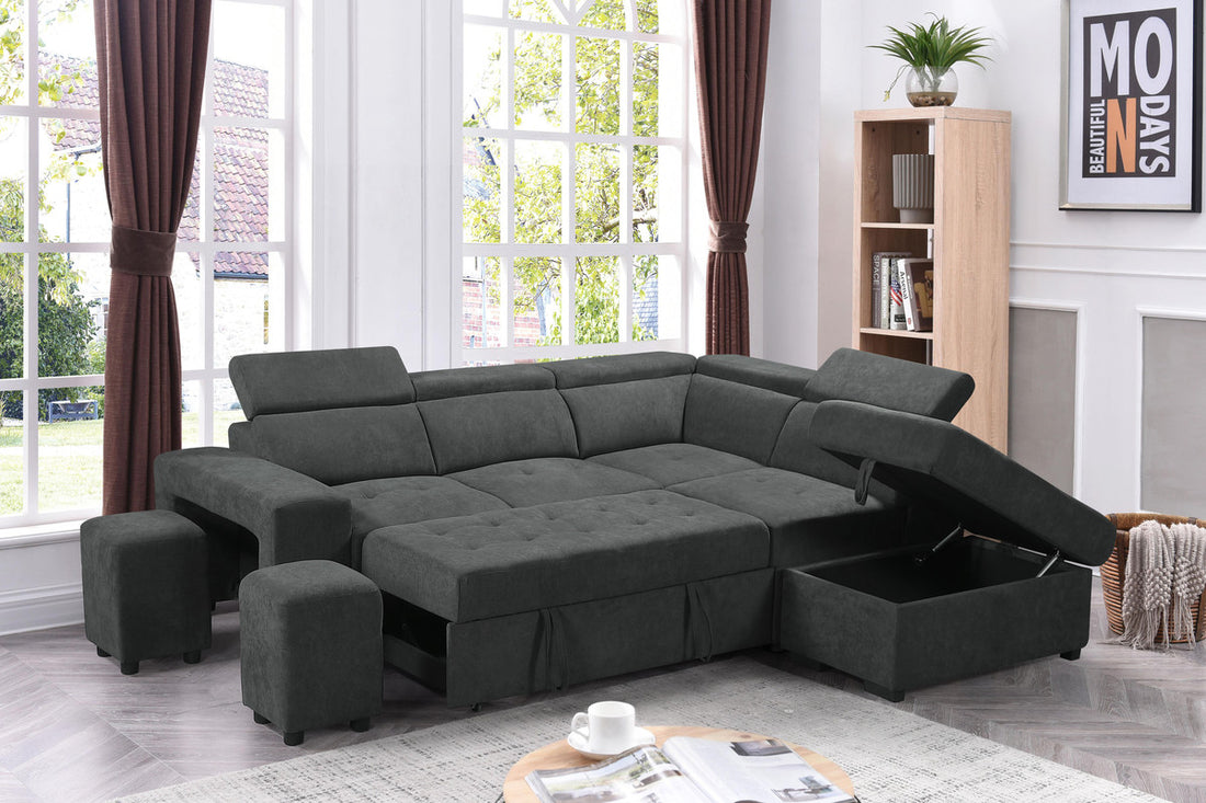 Henrik 97" Dark Gray Sleeper Sectional Sofa With Storage Ottoman And 2 Stools Dark Gray Fabric