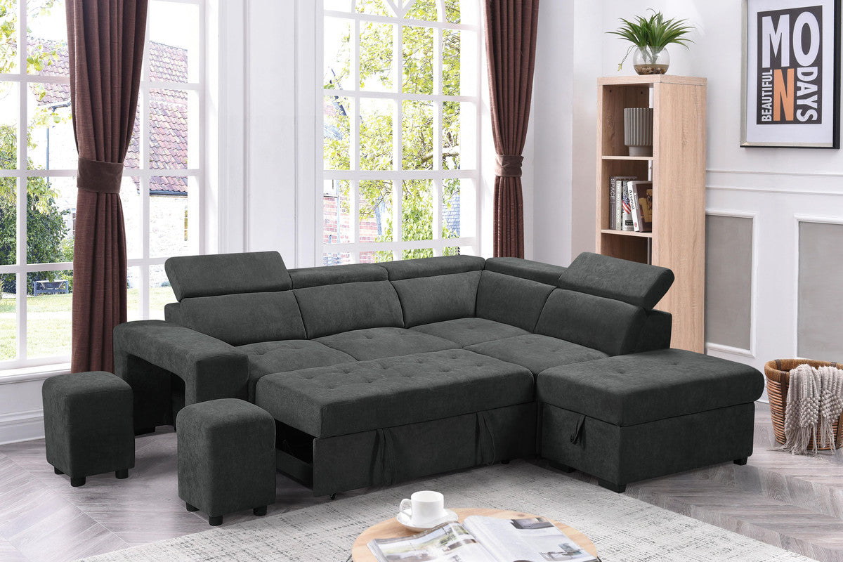 Henrik 97" Dark Gray Sleeper Sectional Sofa With Storage Ottoman And 2 Stools Dark Gray Fabric