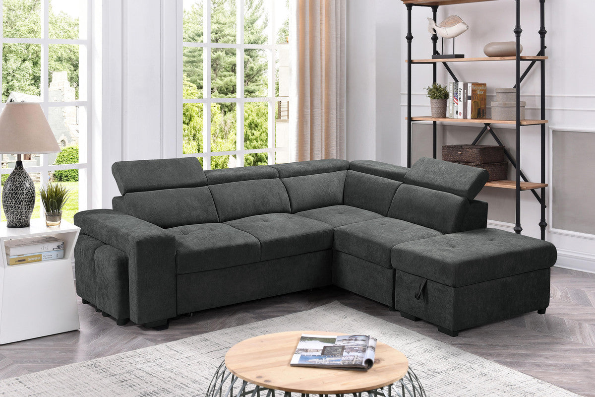 Henrik 97" Dark Gray Sleeper Sectional Sofa With Storage Ottoman And 2 Stools Dark Gray Fabric