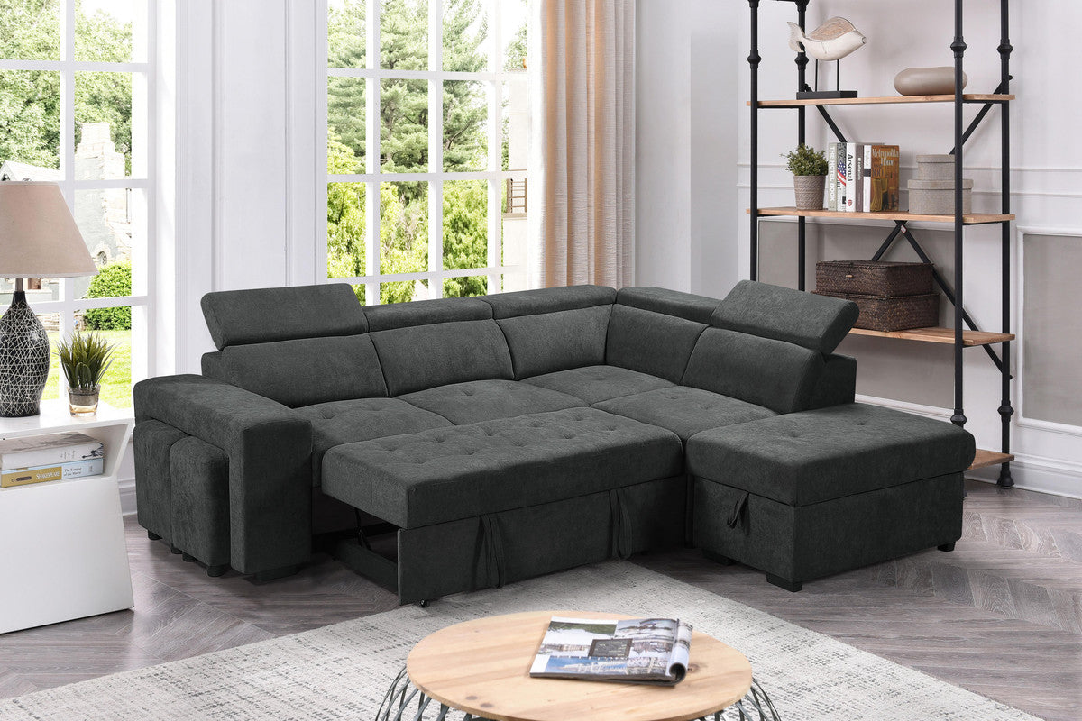 Henrik 97" Dark Gray Sleeper Sectional Sofa With Storage Ottoman And 2 Stools Dark Gray Fabric