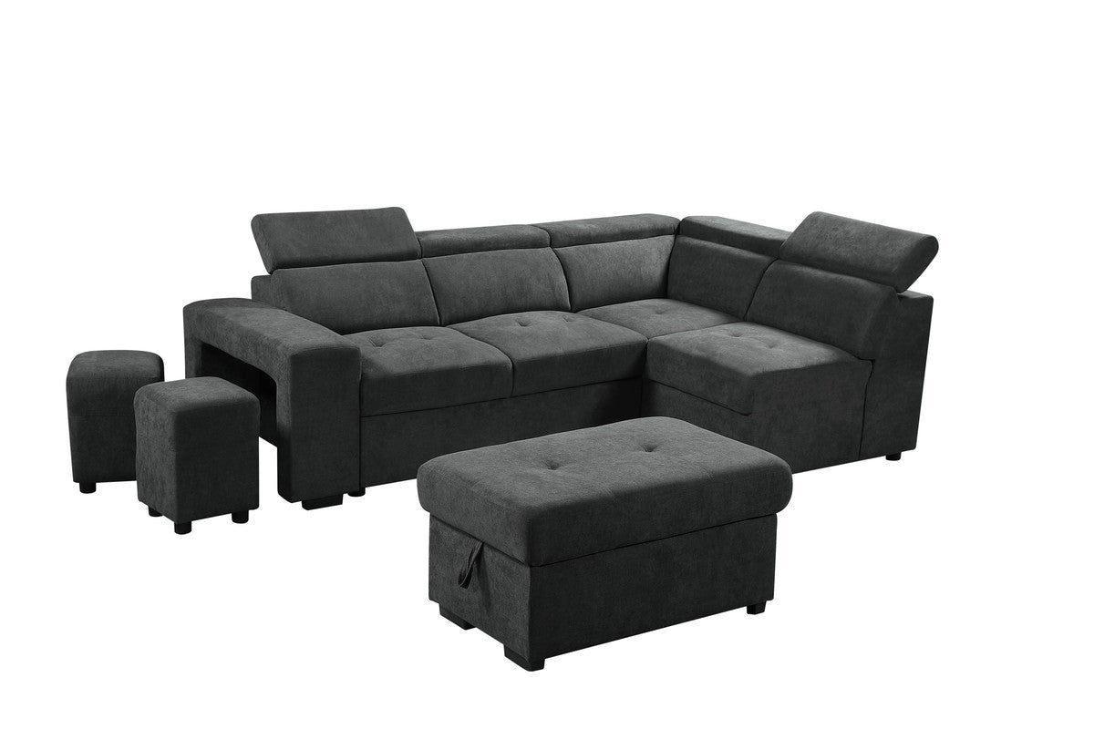 Henrik 97" Dark Gray Sleeper Sectional Sofa With Storage Ottoman And 2 Stools Dark Gray Fabric