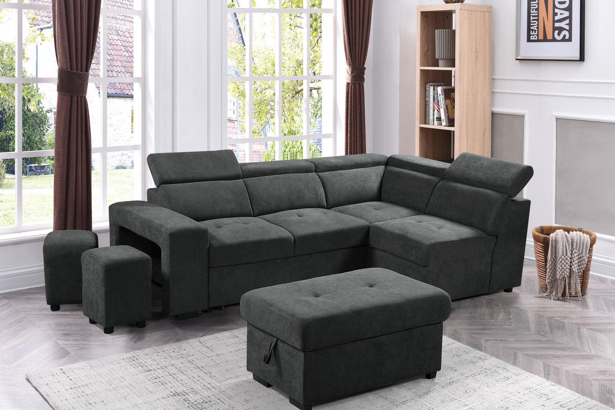 Henrik 97" Dark Gray Sleeper Sectional Sofa With Storage Ottoman And 2 Stools Dark Gray Fabric