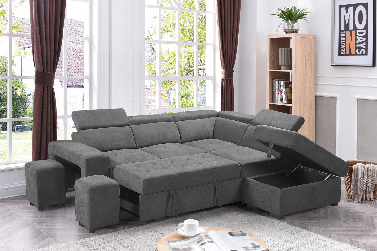 Henrik 97" Light Gray Sleeper Sectional Sofa With Storage Ottoman And 2 Stools Light Gray Fabric