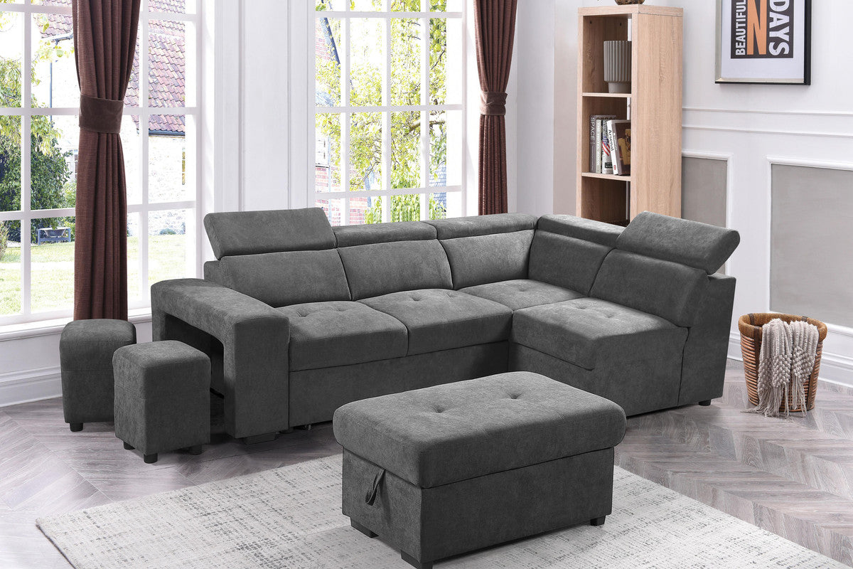 Henrik 97" Light Gray Sleeper Sectional Sofa With Storage Ottoman And 2 Stools Light Gray Fabric