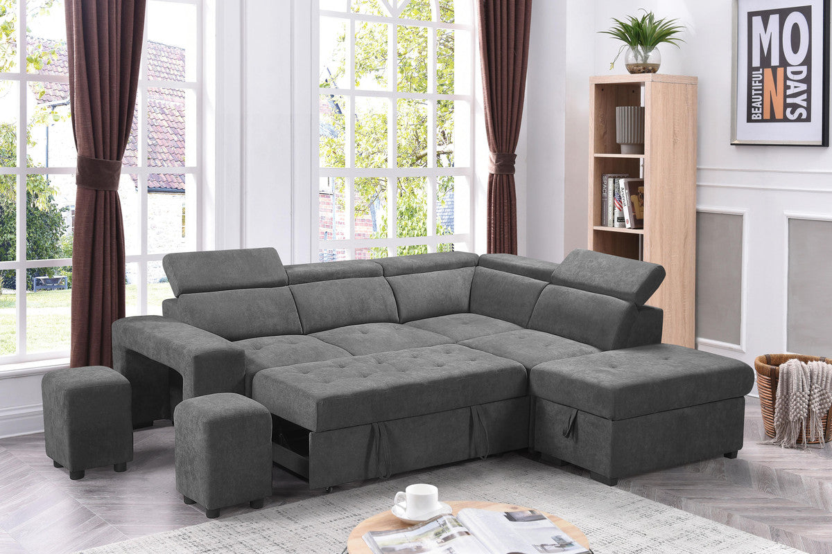 Henrik 97" Light Gray Sleeper Sectional Sofa With Storage Ottoman And 2 Stools Light Gray Fabric