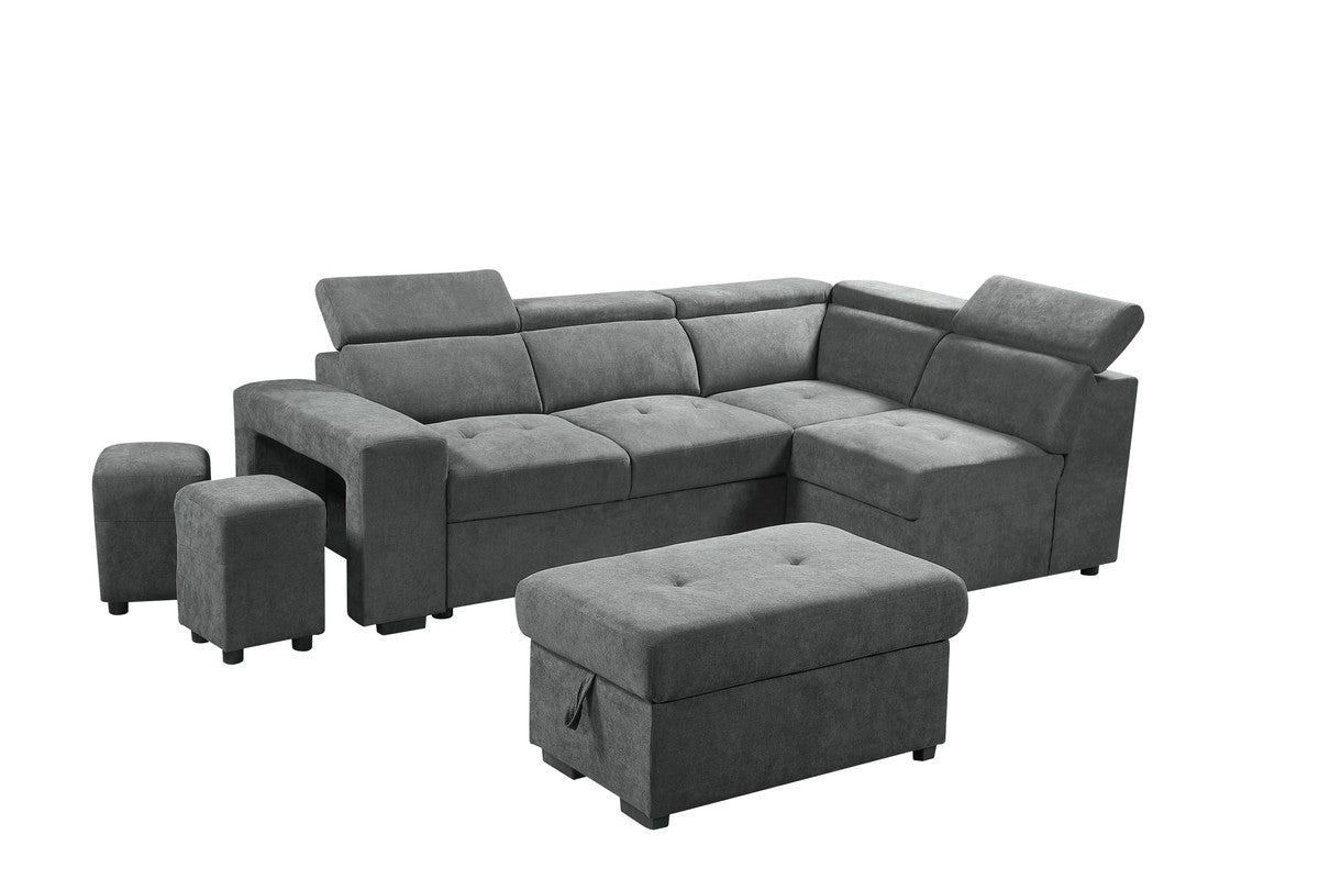 Henrik 97" Light Gray Sleeper Sectional Sofa With Storage Ottoman And 2 Stools Light Gray Fabric