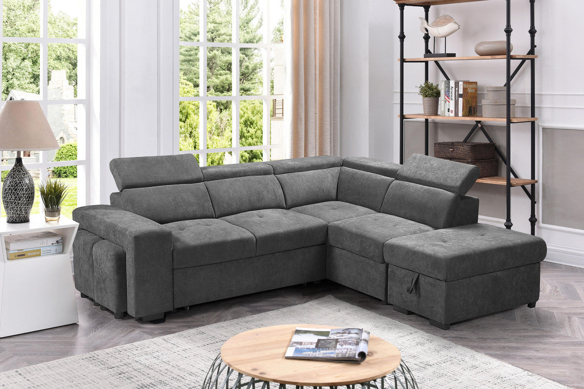 Henrik 97" Light Gray Sleeper Sectional Sofa With Storage Ottoman And 2 Stools Light Gray Fabric