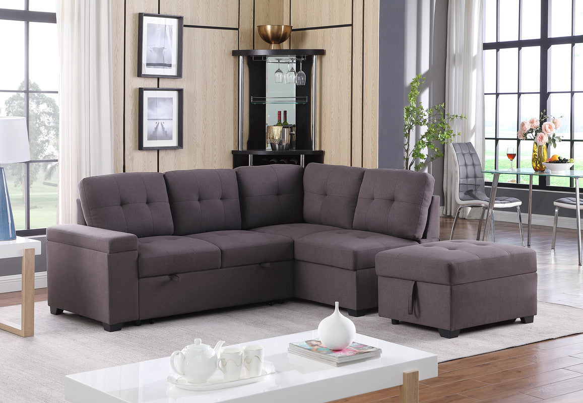 Katie 87.75" Brown Linen Sleeper Sectional Sofa With Storage Ottoman, Storage Arm Brown Linen