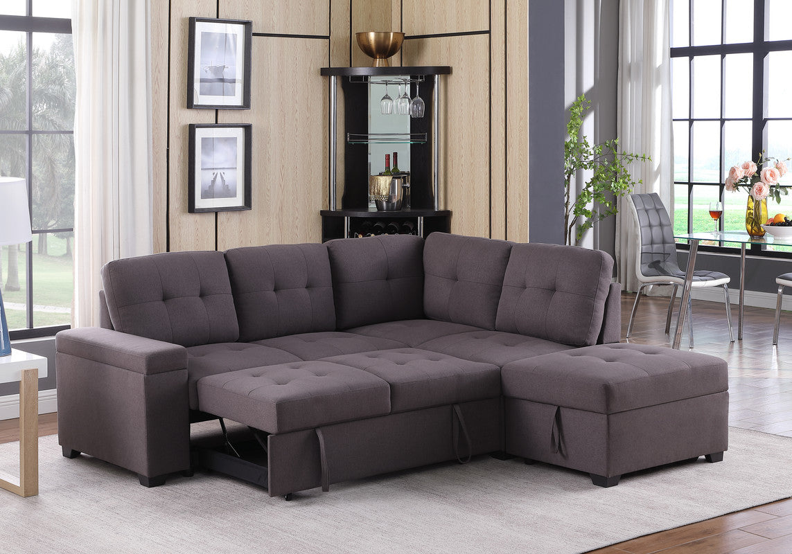 Katie 87.75" Brown Linen Sleeper Sectional Sofa With Storage Ottoman, Storage Arm Brown Linen