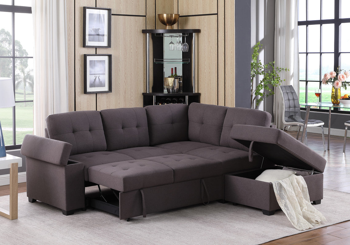 Katie 87.75" Brown Linen Sleeper Sectional Sofa With Storage Ottoman, Storage Arm Brown Linen