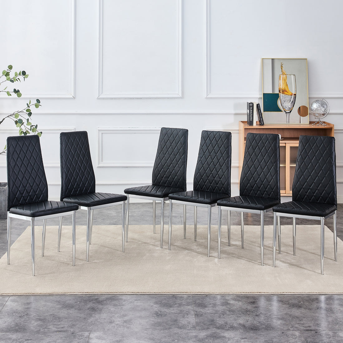 Grid Armless High Backrest Dining Chair, Black Chair And 6 Piece Set Of Electroplated Metal Legs, Office Chair. Suitable For Restaurants, Living Rooms, Kitchens, And Offices.W115163430 0924 Black Foam Pu