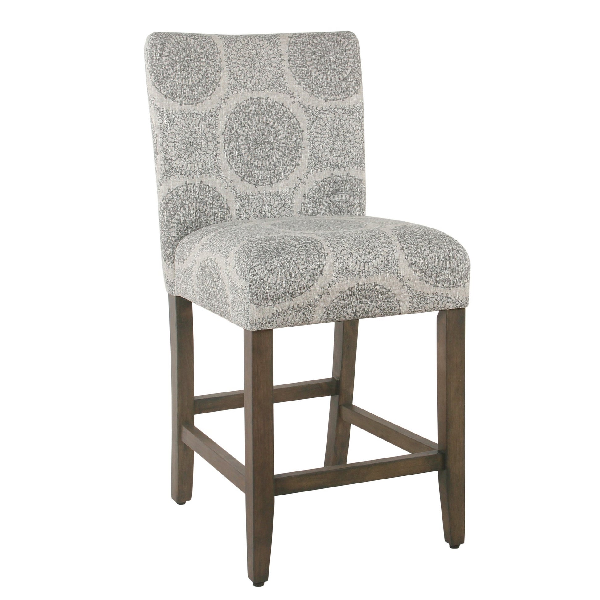 Wooden Counter Height Stool With Medallion Pattern Fabric Upholstery, Gray Gray Wood Fabric