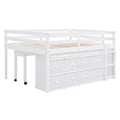 Full Size Loft Bed With Retractable Writing Desk And 4 Drawers, Wooden Loft Bed With Lateral Portable Desk And Shelves, White Full White Solid Wood Mdf