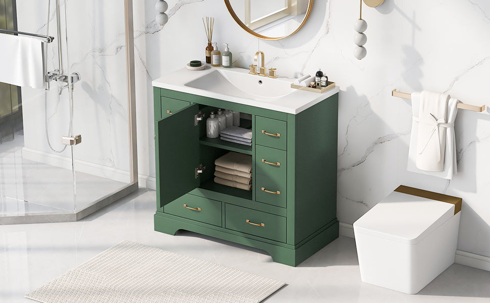 36" Bathroom Vanity With Sink Combo, Six Drawers, Multi Functional Drawer Divider, Adjustable Shelf, Green Old Sku:Sy999808Aaf Green Solid Wood Mdf