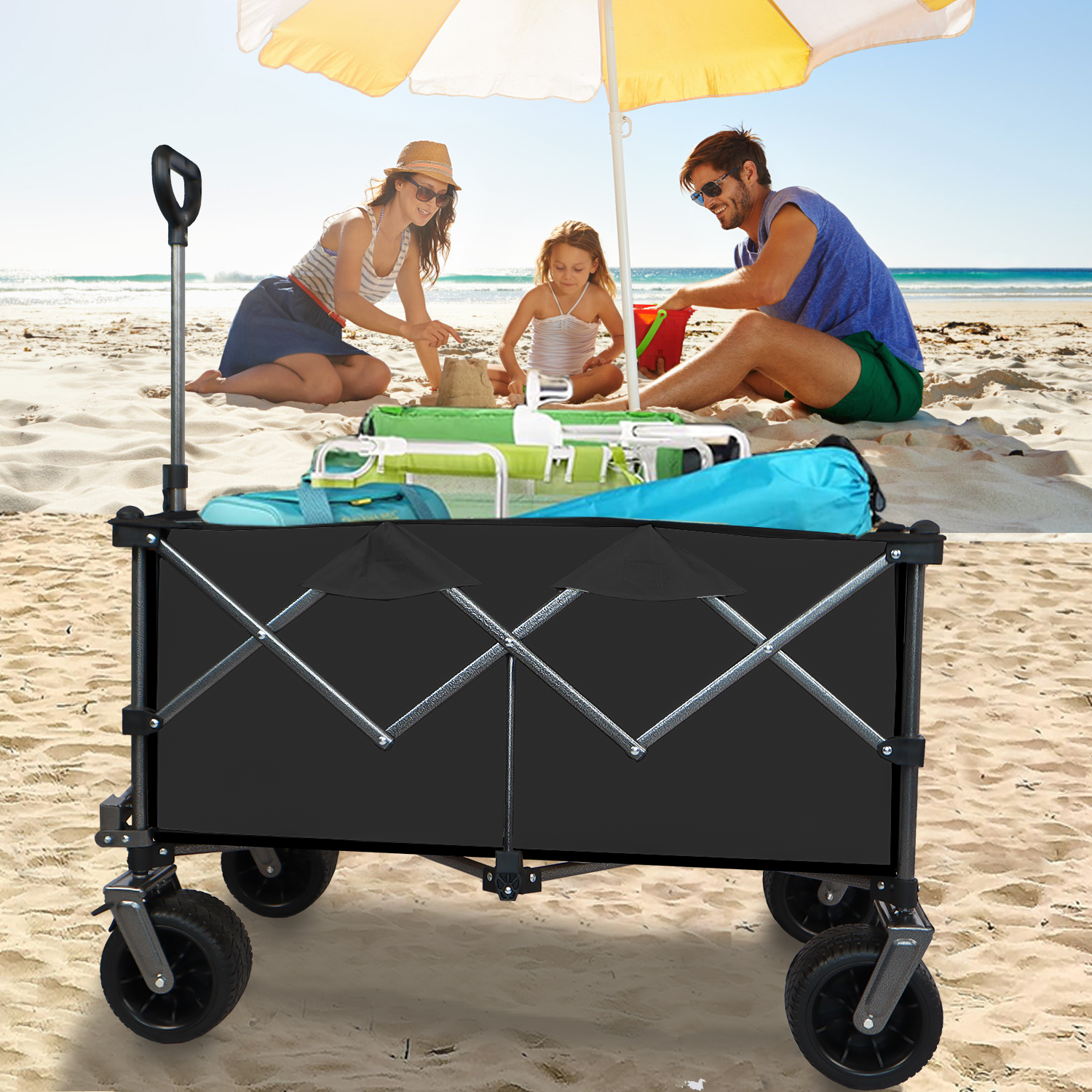 Collapsible Folding Wagon, Push Pull Foldable Beach Wagon Cart Black Steel