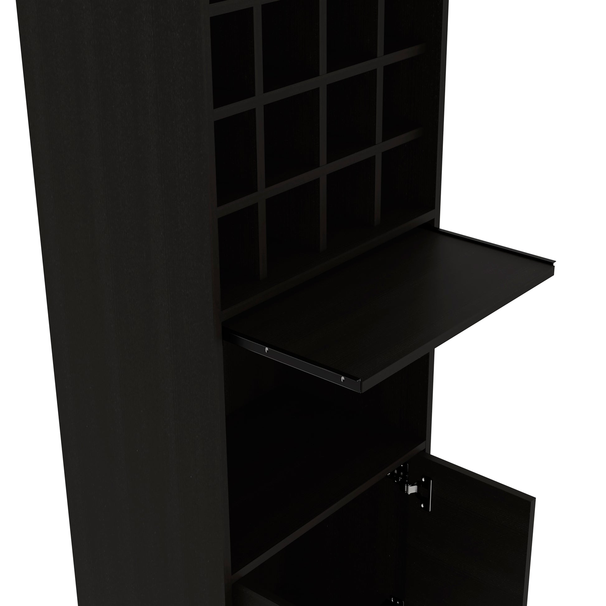 Kava Bar Cabinet, Concealable Serving Tray, Sixteen Built In Wine Rack, One Shelf, Double Door Black Black Particle Board