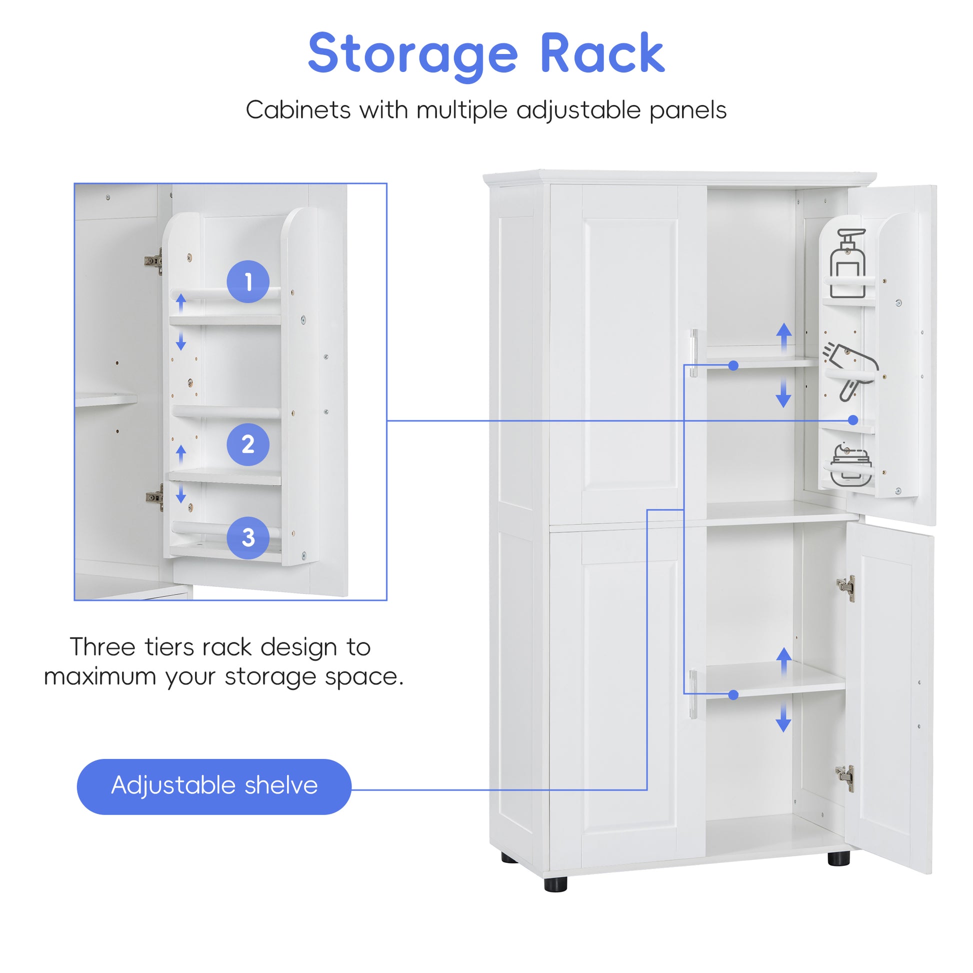 Tall And Wide Bathroom Floor Storage Cabinet, Bathroom Storage Unit, Freestanding Cabinet With 4 Doors, Adjustable Shelves, White White Mdf