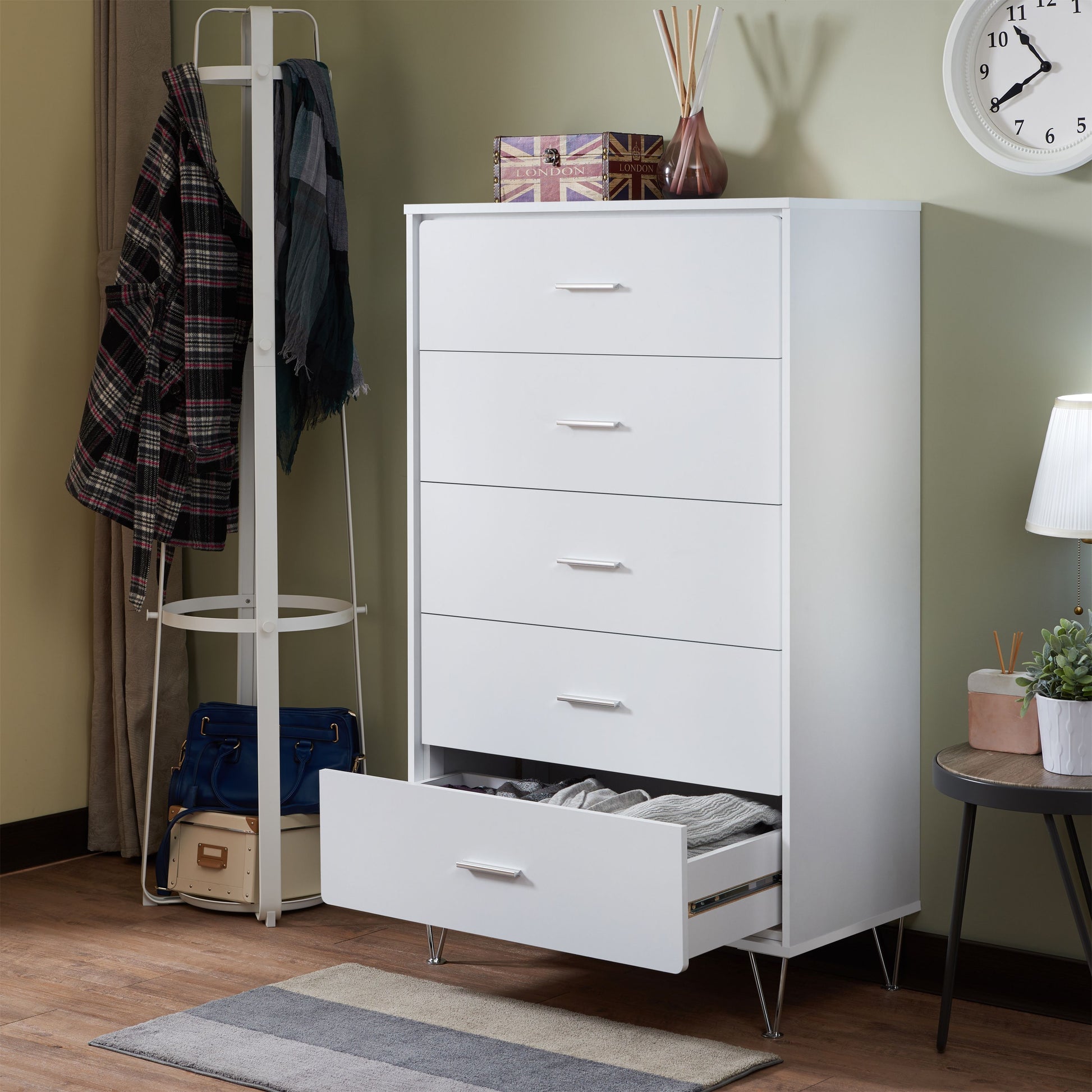 White 5 Drawer Chest With Single Handles White Bedroom Contemporary Particle Board Mdf