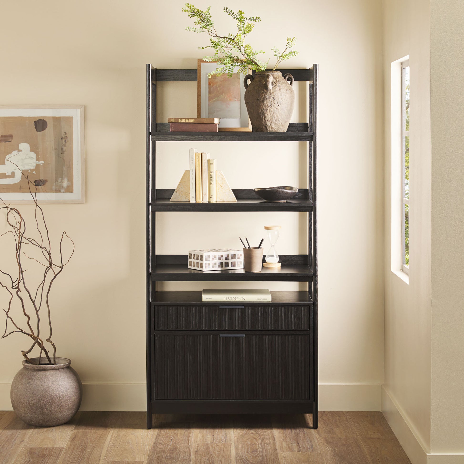 Transitional Wide Reeded Bookshelf With Drawers On Bottom Black Black Mdf Mdf