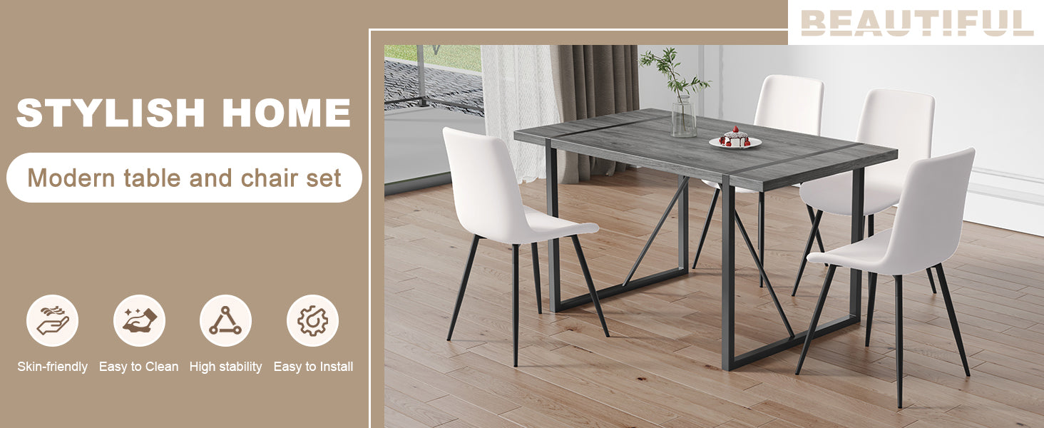 Table And Chair Set, Textured Top In Vintage Retro Grey Wood Grain Desktop, Black Metal Legs. Dining Chair With White Faux Leather Backrest Cushion With Black Metal Legs. Gray,Wood Seats 4 Mdf Metal