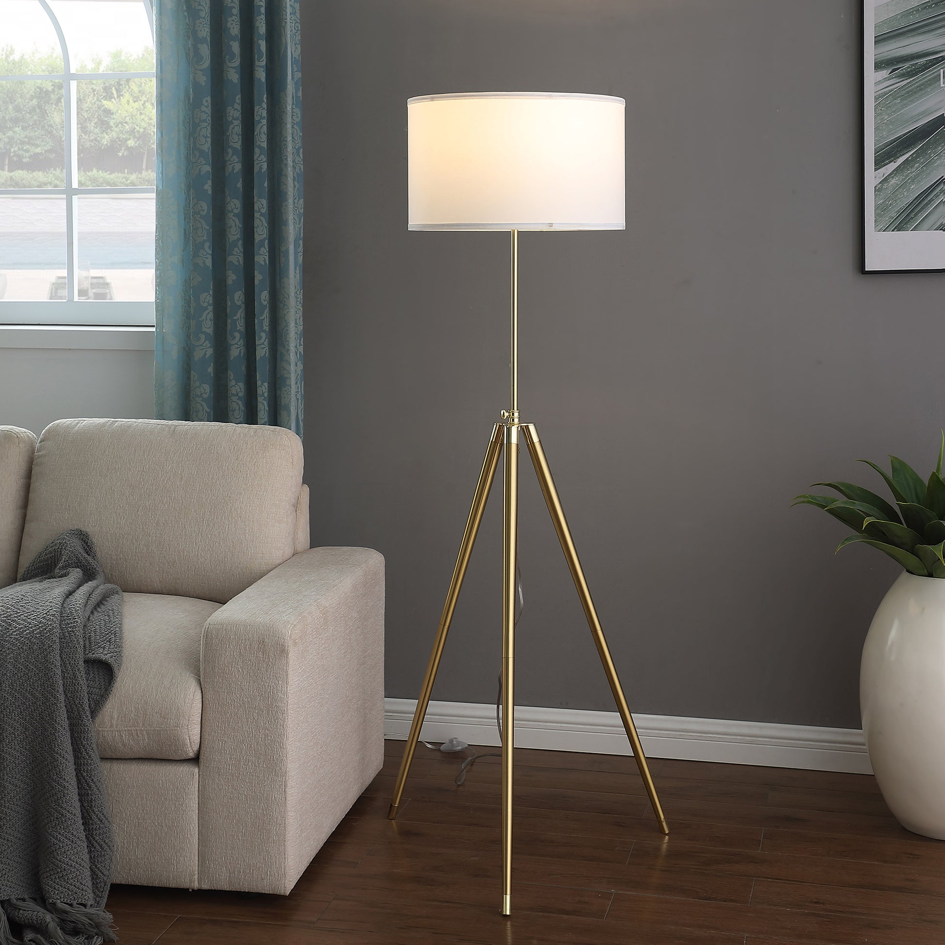 64" 47"H Adjustable Height Brass Shiny Gold Modern Tripod Floor Lamp For Living Room, Standing Lamp For Bedroom Gold White Fabric Metal