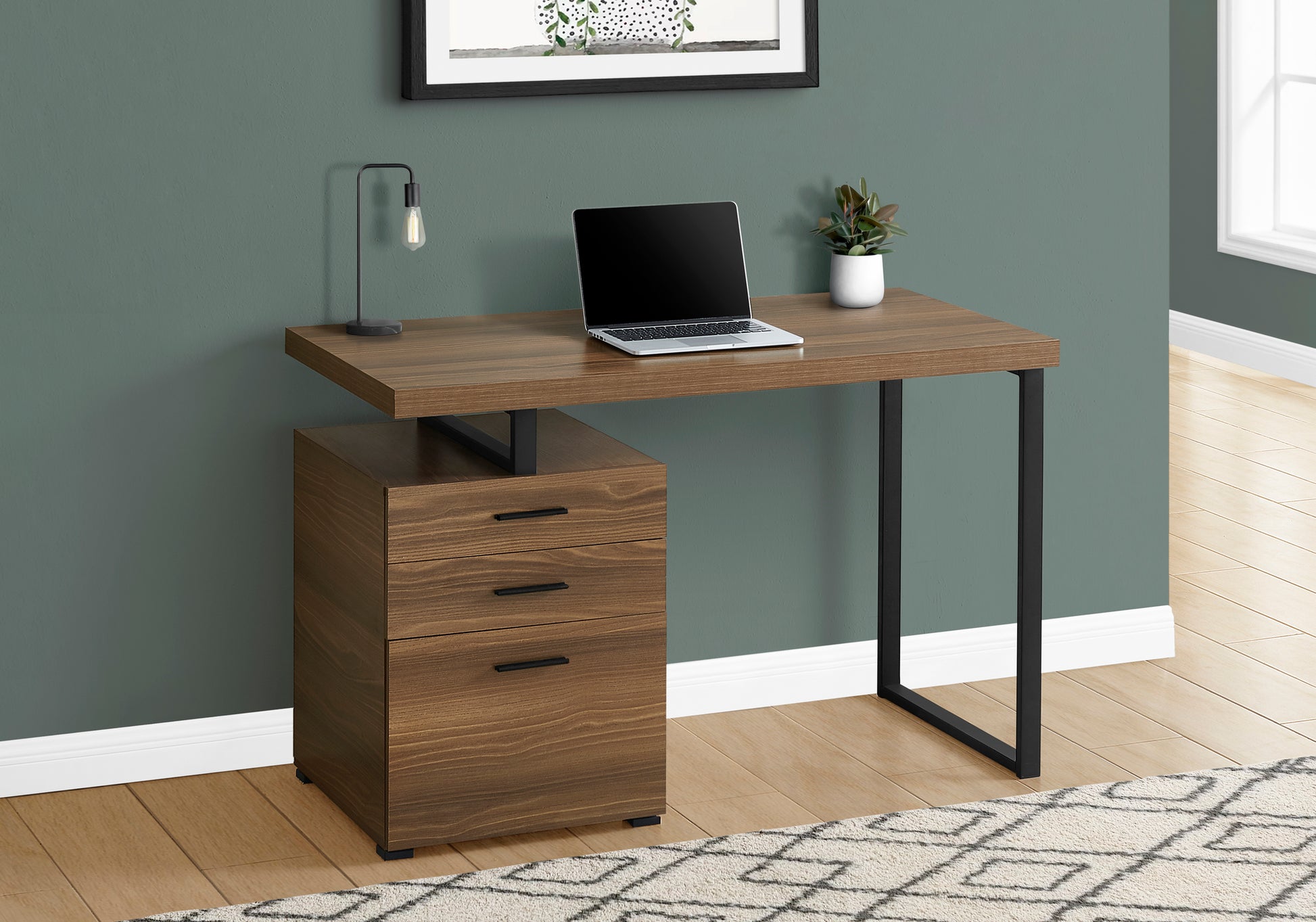 Computer Desk, Home Office, Laptop, Left, Right Set Up, Storage Drawers, 48"L, Work, Walnut Laminate, Black Metal, Contemporary, Modern Walnut Particle Board