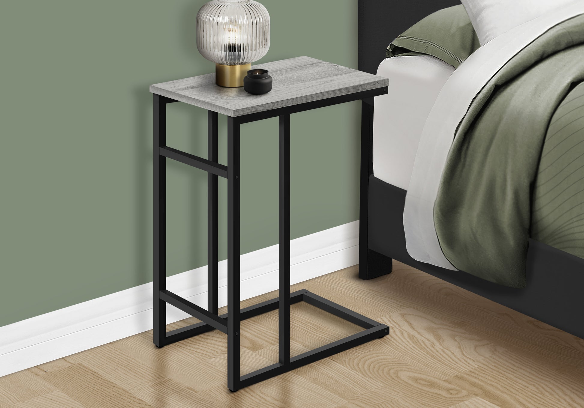 Accent Table, C Shaped, End, Side, Snack, Living Room, Bedroom, Grey Laminate, Black Metal, Contemporary, Modern Grey Particle Board