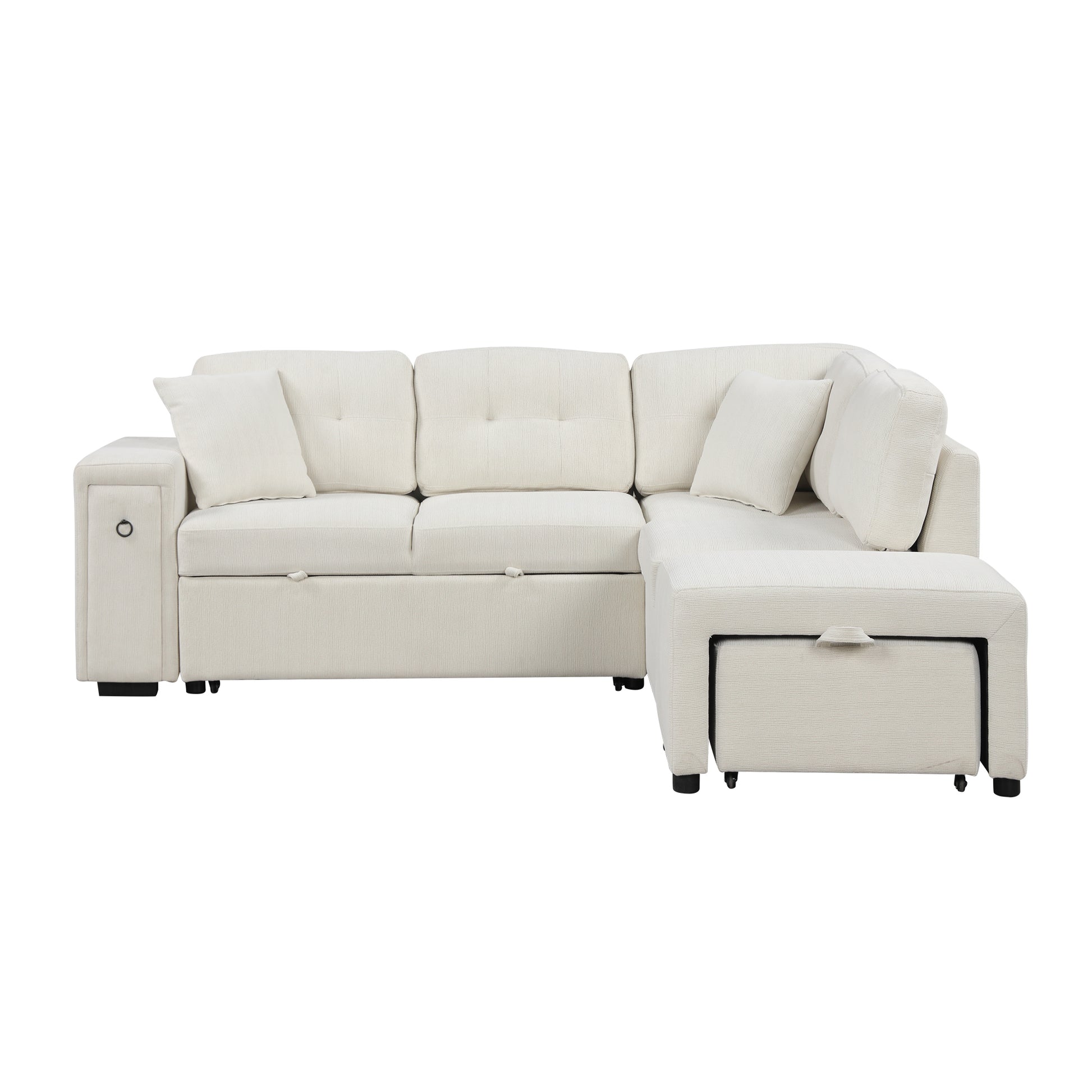 86.6" Sectional Sofa L Shaped Sofa Couch Pull Out Sofa Bed With A Movable Ottoman, Two Usb Ports And Two Cup Holders For Living Room, Beige Beige Foam Chenille 4 Seat