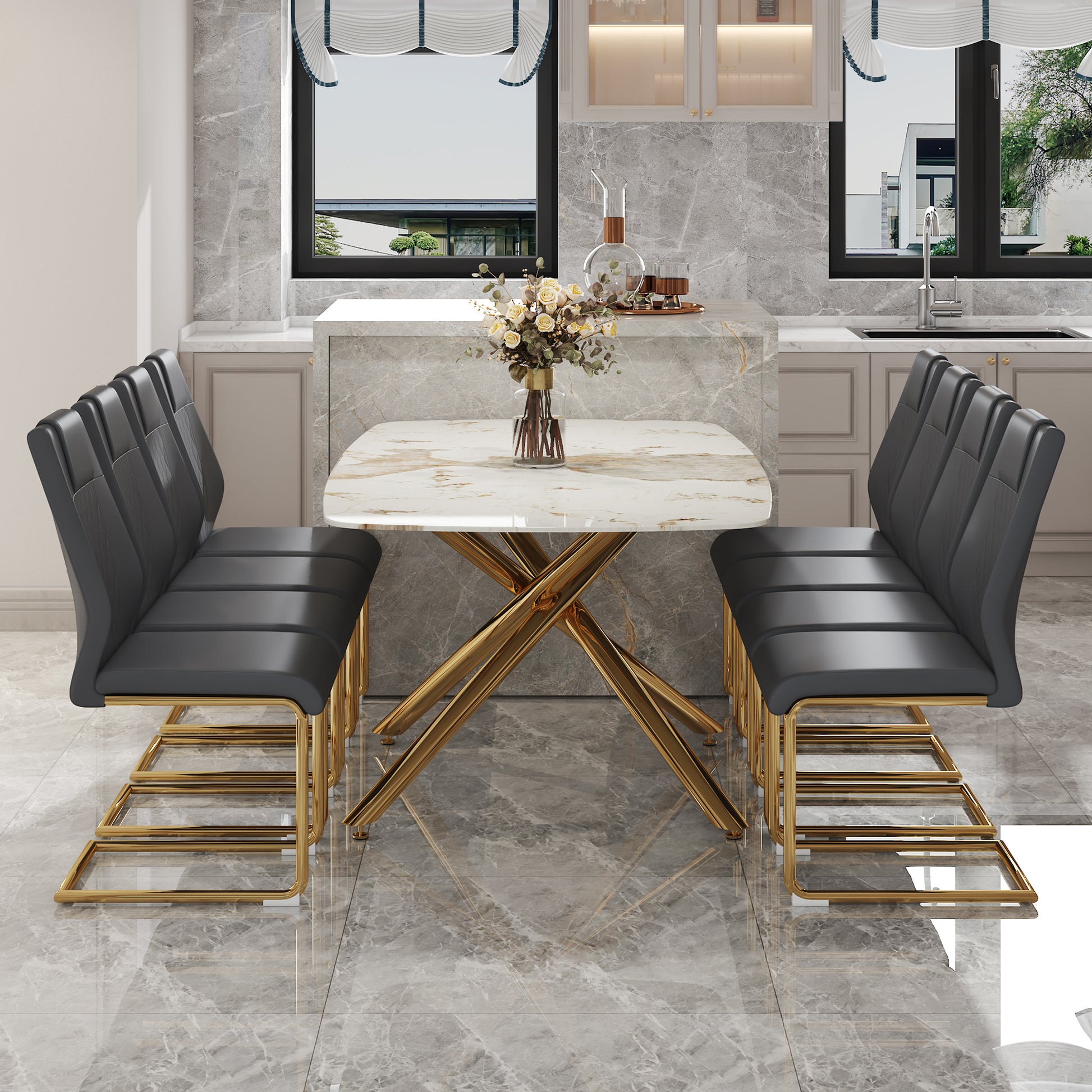 Table And Chair Set.Modern Luxurious Tempered Glass Dining Table Set With 8 Gold Metal Legs And Pu Chairs.White Marble Patterned Sticker Tabletop,Dark Gray Chairs With Gold Metal Legs. Gold,Gray