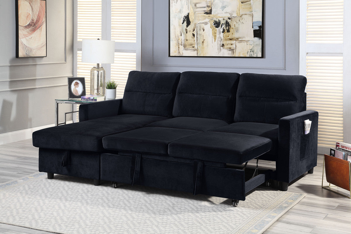 Ivy 81.5" Black Velvet Reversible Sleeper Sectional Sofa With Storage Chaise And Side Pocket Black Velvet